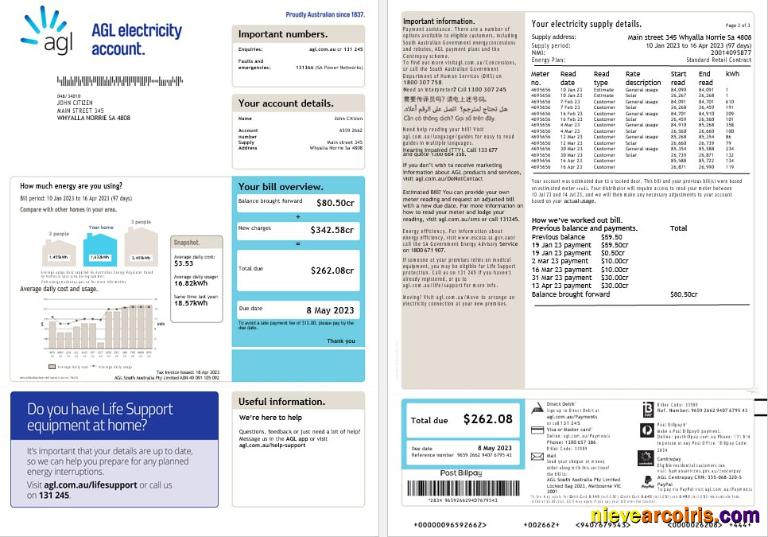 Australia AGL electricity account energy utility bill 2